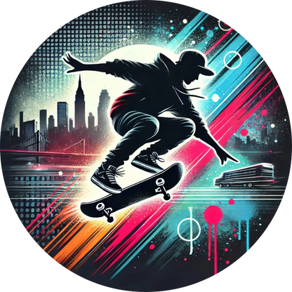 Skateboarder in Action mit Skyline im Hintergrund – alles im düsteren Neonstil
