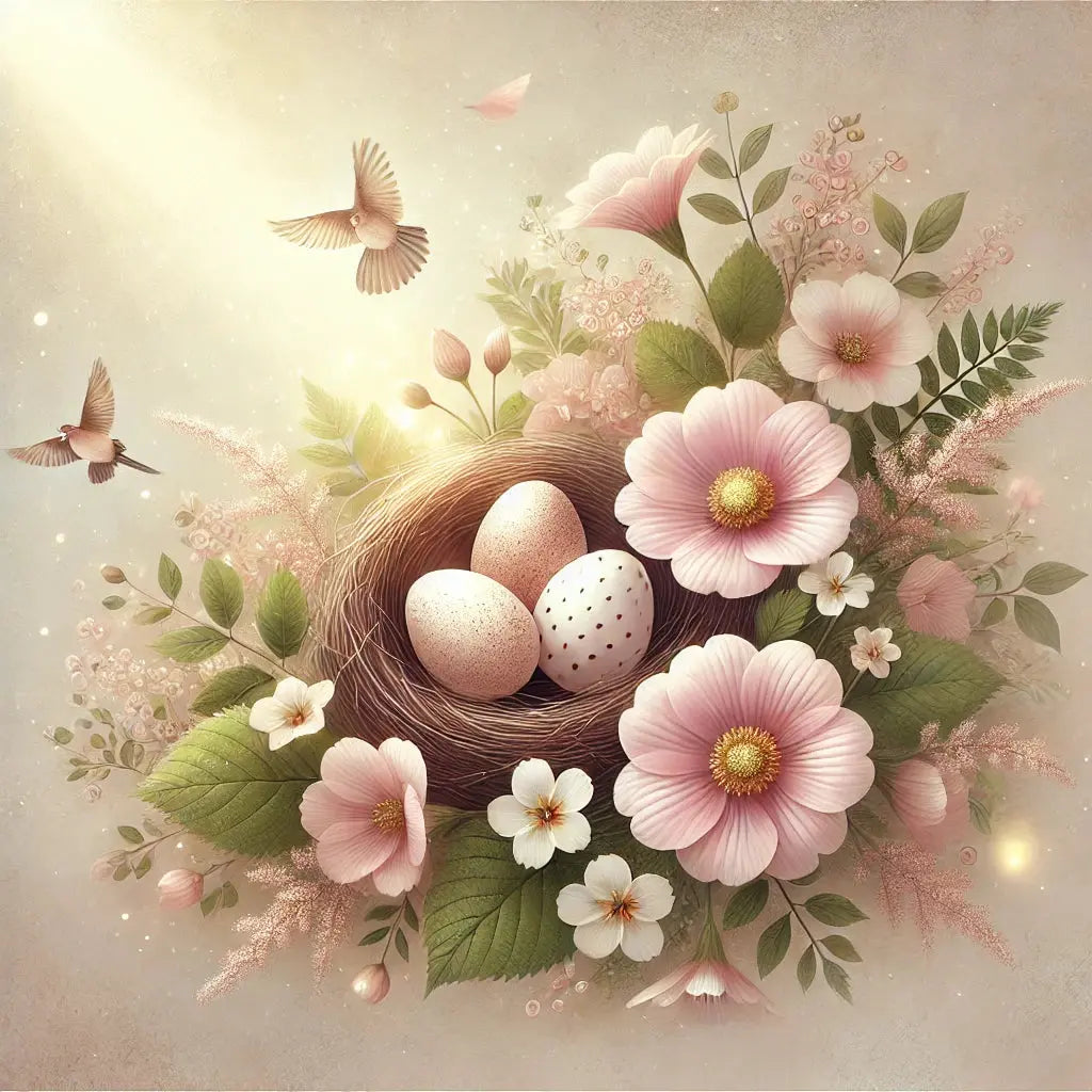 Nest mit pastellfarbenen Ostereiern und Frühlingsblumen, sanft und romantisch.