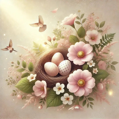 Nest mit pastellfarbenen Ostereiern und Frühlingsblumen, sanft und romantisch.