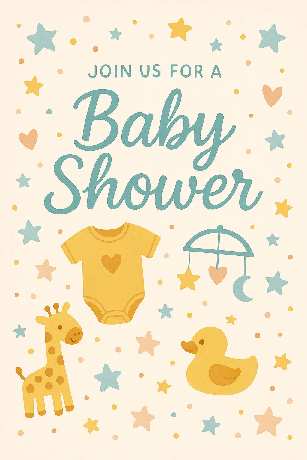 Verspieltes Babyshower-Motiv mit gelbem Body, Giraffe, Quietscheente und Sternchen auf hellem Hintergrund – geschlechtsneutral gehalten