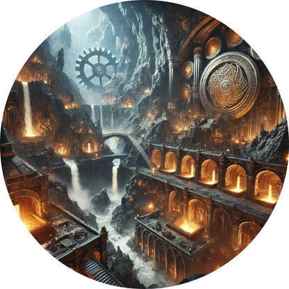 Mystische Darstellung von Nidavellir – die Schmiedewelt der Zwerge in der nordischen Mythologie mit Zahnrädern, unterirdischen Werkstätten und glühender Magie.“