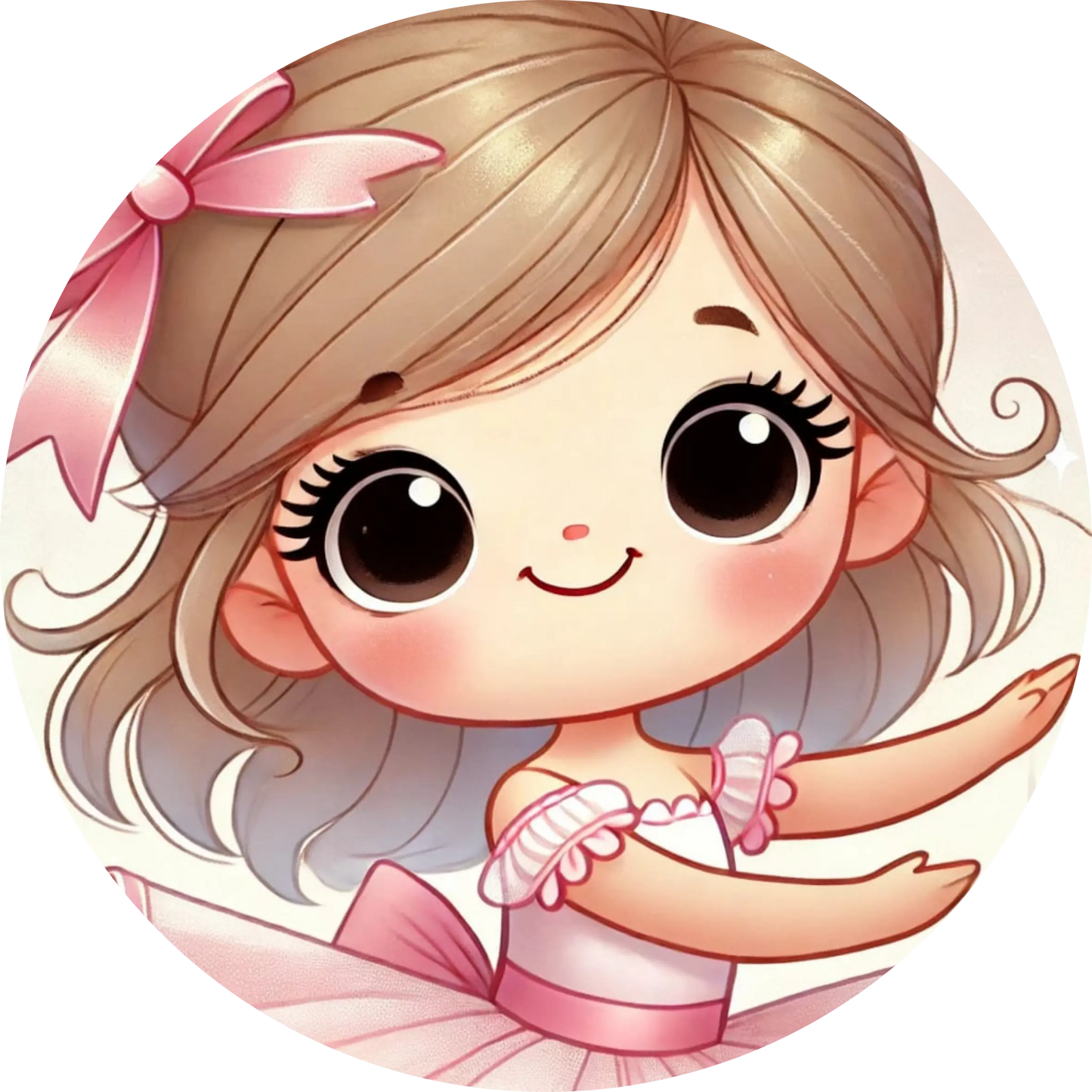 Niedliches Ballerina-Mädchen mit rosa Schleife und großen Augen – kindlich gezeichnet, charmant inszeniert