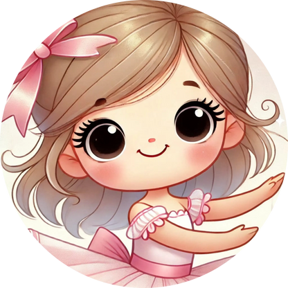 Niedliches Ballerina-Mädchen mit rosa Schleife und großen Augen – kindlich gezeichnet, charmant inszeniert