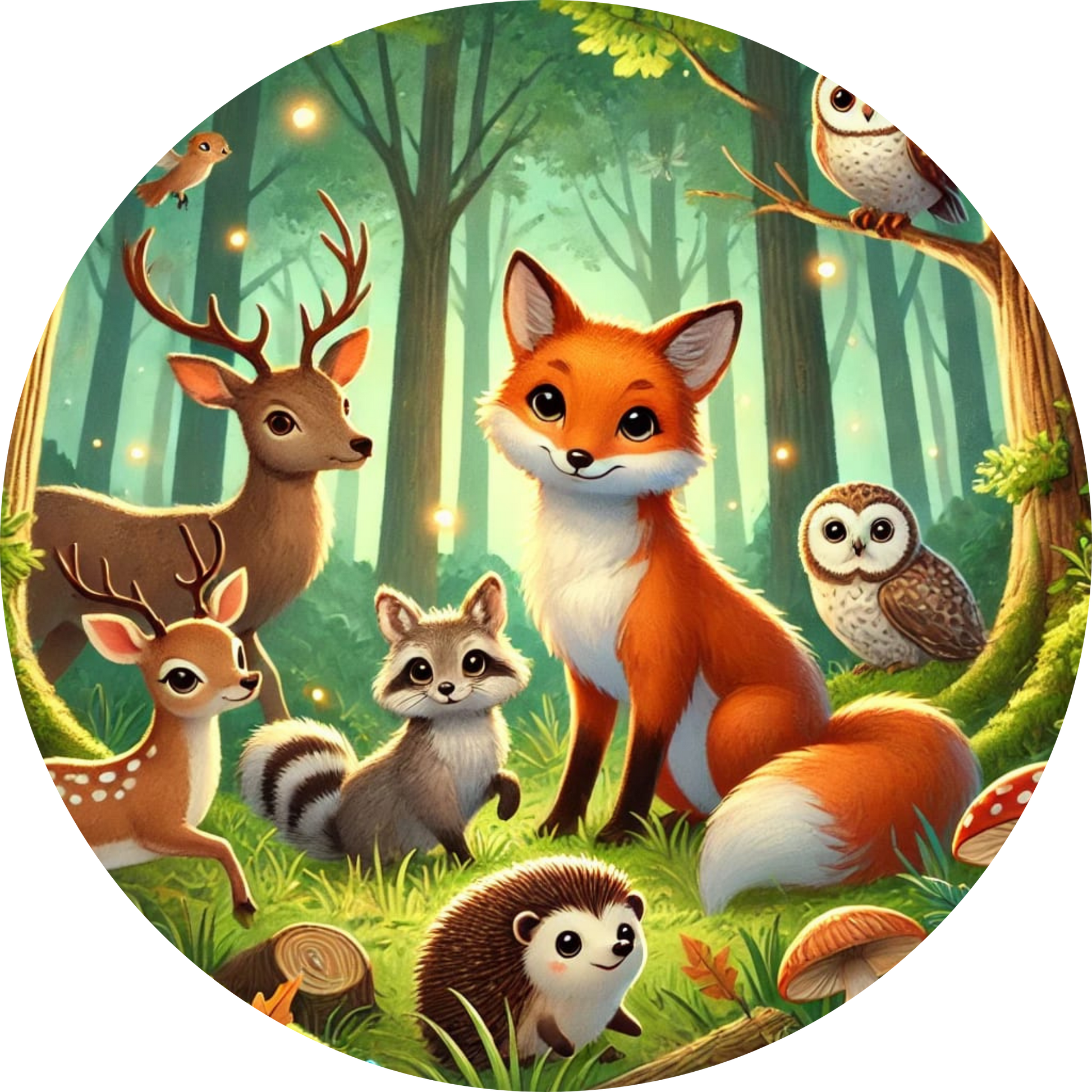 Niedliche Waldtiere, darunter Eulen und Füchse, sitzen zwischen Pilzen im Dickicht.