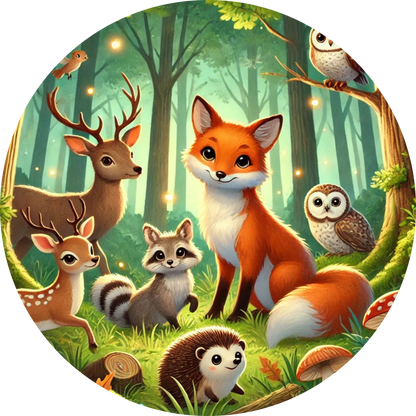 Niedliche Waldtiere, darunter Eulen und Füchse, sitzen zwischen Pilzen im Dickicht.