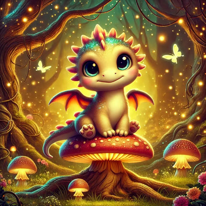 Ein niedlicher, bunter Baby-Drache sitzt wie ein König auf einem Pilz – leuchtende Pilze und Blumen umgeben ihn.