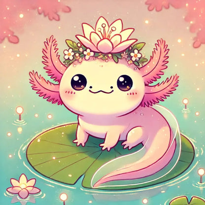 Axolotl als niedliches Fabelwesen mit Einhorn-Horn, Seerose auf dem Kopf