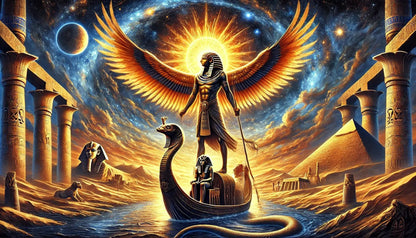 Szene aus dem alten Ägypten mit Nilbooten, Pyramiden und einem belebten Marktplatz am Flussufer, eingerahmt von majestätischen Säulen und Statuen.