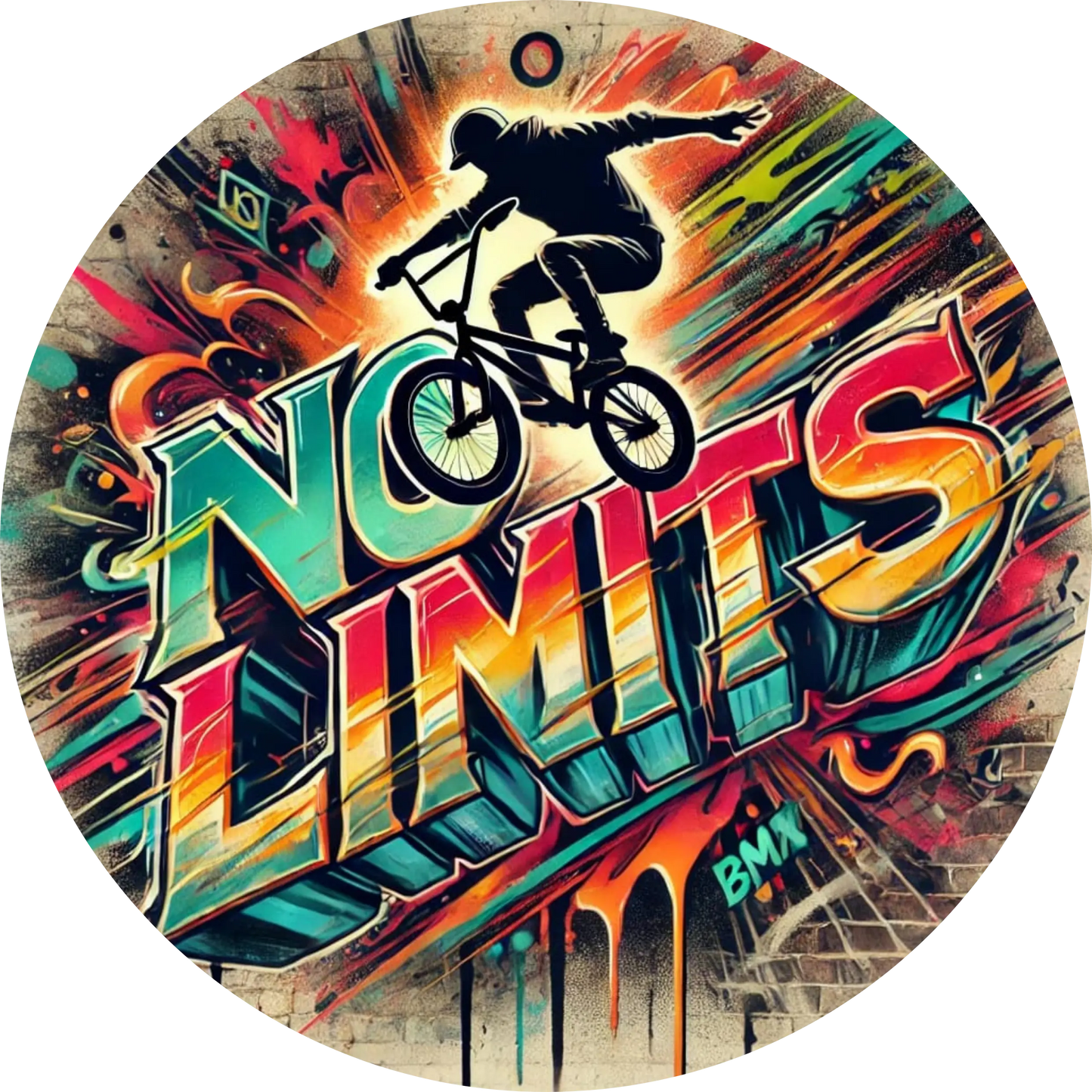 BMX-Fahrer mit dem Spruch „No Limits“ in explosivem Retrodesign