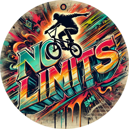 BMX-Fahrer mit dem Spruch „No Limits“ in explosivem Retrodesign