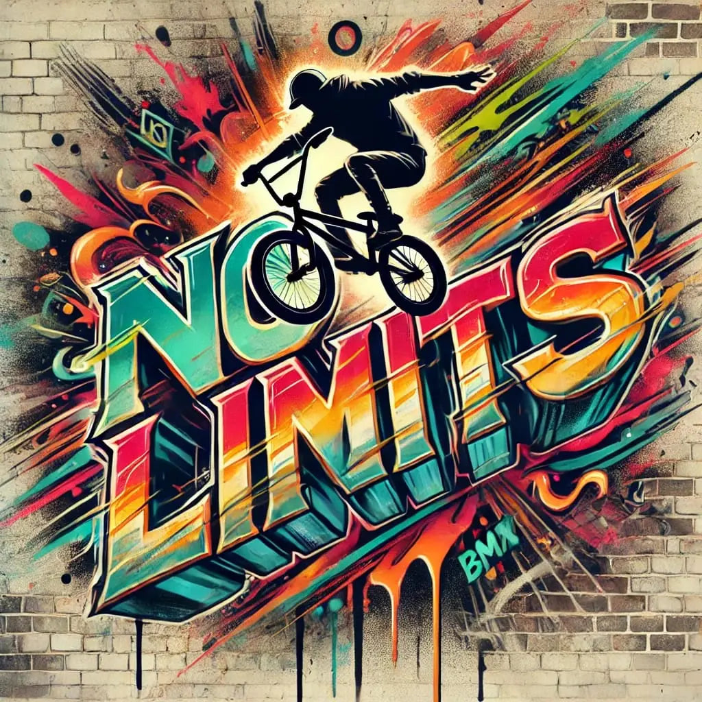 BMX mit Graffiti „No Limits“ – Ein BMX-Fahrer im Sprung mit typografischer Graffiti-Aufschrift „No Limits“.