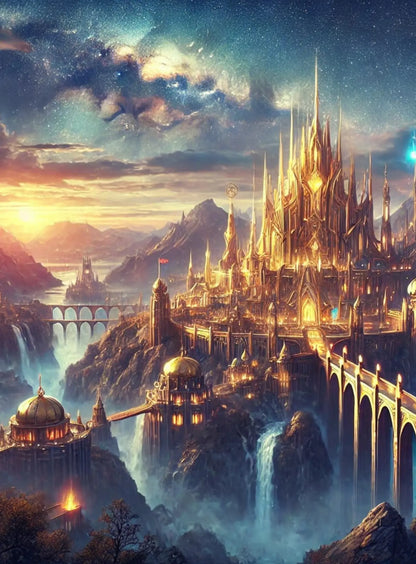 Schwebende nordische Stadt im Sonnenuntergang – Fantasy-Landschaft mit Lichtern.