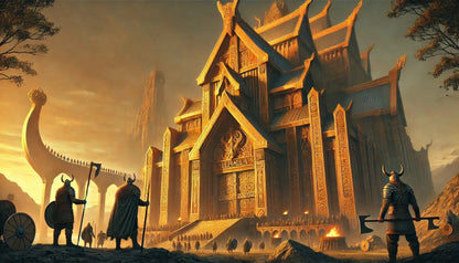 Prächtiger Palast im Licht der aufgehenden Sonne – kraftvolle Darstellung der Heimstätte nordischer Götter.