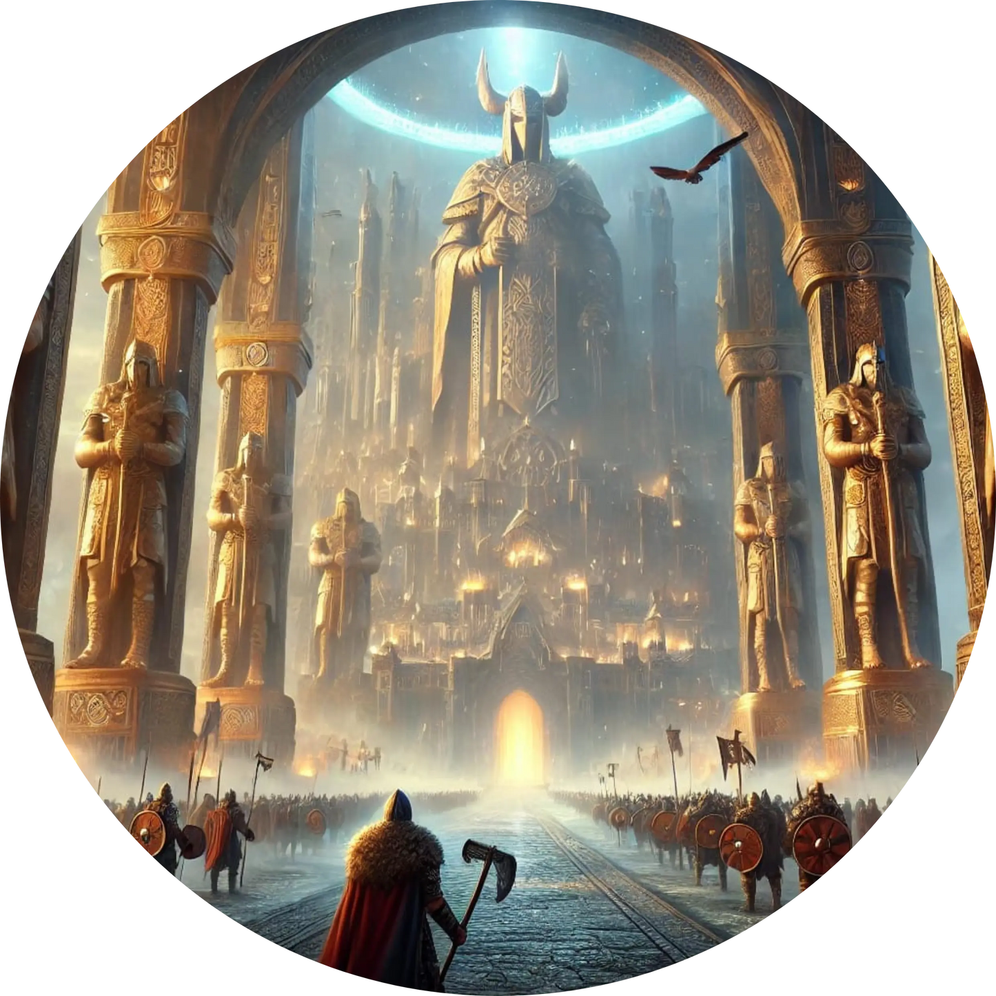 Riesige Statue eines nordischen Gottes in einer göttlichen Halle mit mystischer Lichtstimmung