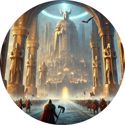 Riesige Statue eines nordischen Gottes in einer göttlichen Halle mit mystischer Lichtstimmung