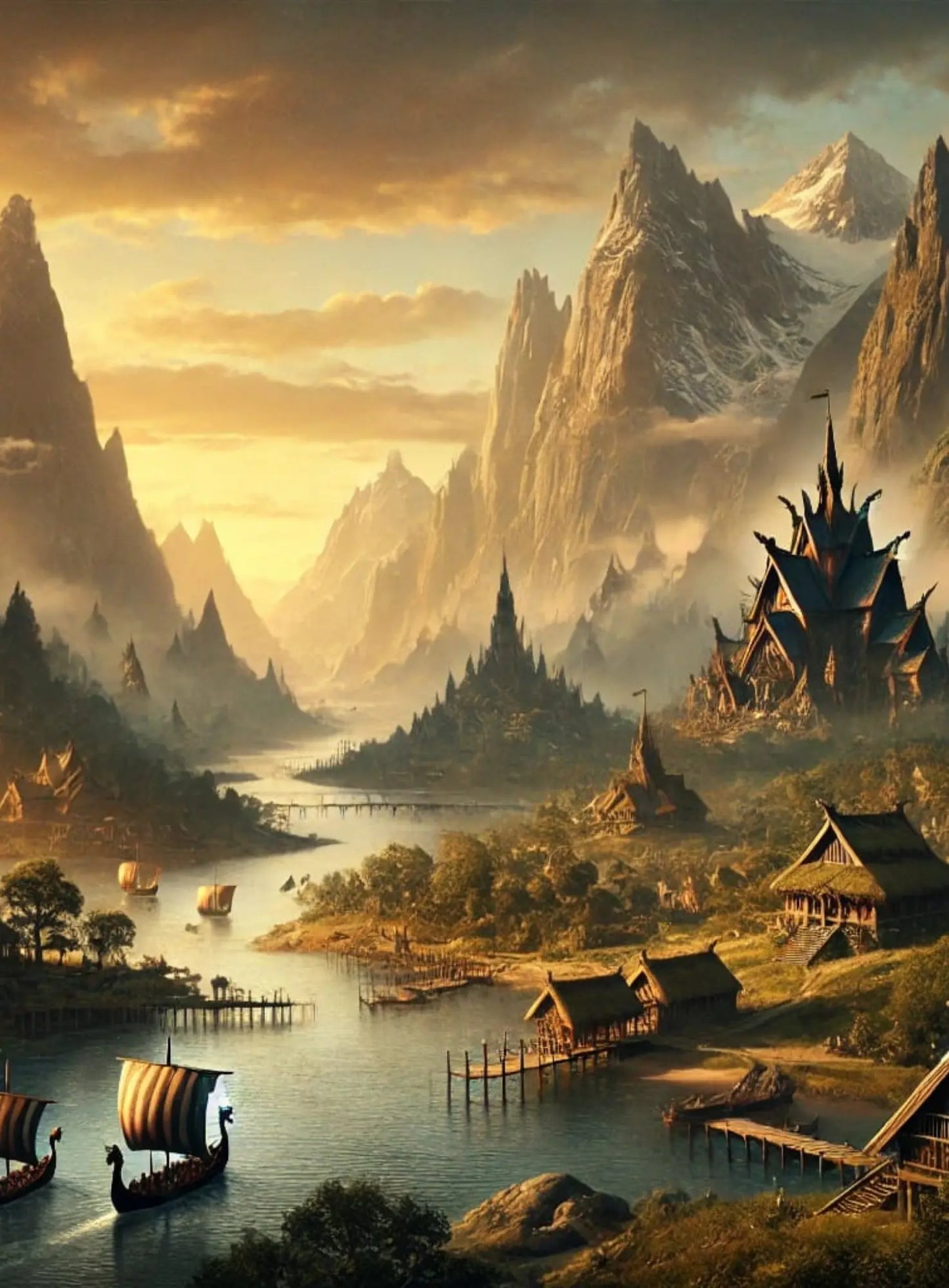 Nordischer Tempel unter Polarlichtern – Ein mächtiger, erleuchteter Tempel mit Wikingerschiffen im Vordergrund, darüber ein leuchtender Himmel mit Polarlichtern.