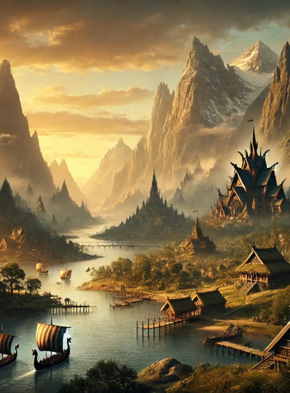 Nordischer Tempel unter Polarlichtern – Ein mächtiger, erleuchteter Tempel mit Wikingerschiffen im Vordergrund, darüber ein leuchtender Himmel mit Polarlichtern.