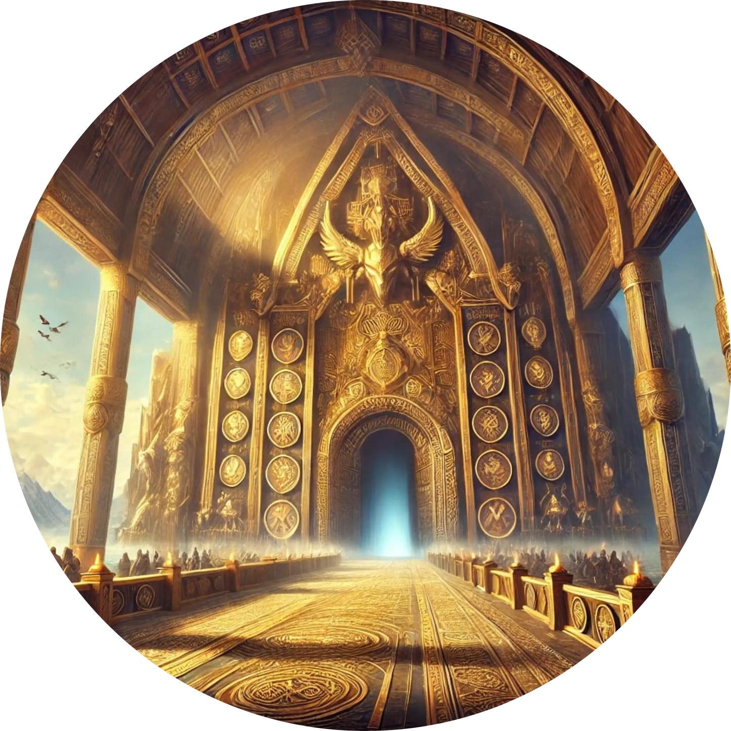 Goldverzierter Eingang zu einem sagenumwobenen nordischen Tempel