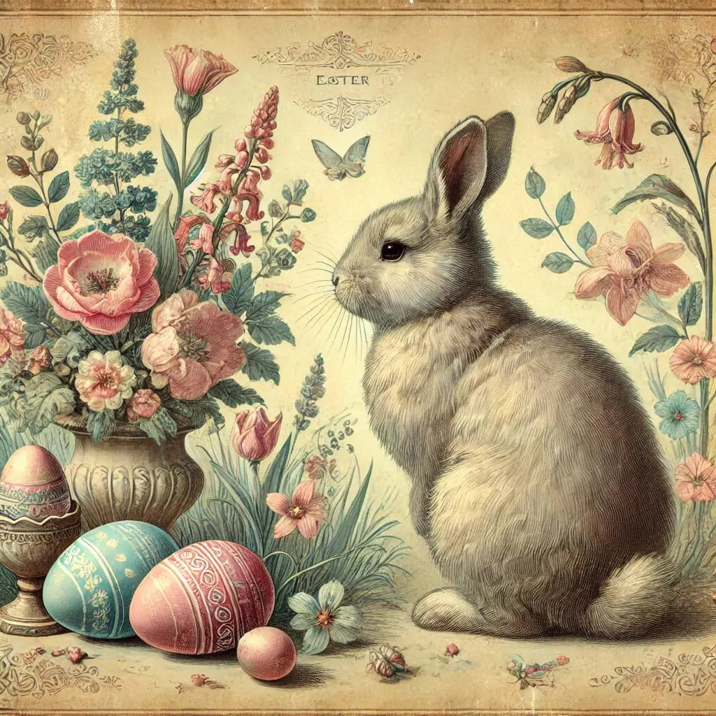 Graues Kaninchen vor Frühlingsblumen und Ostereiern, nostalgischer Charakter.