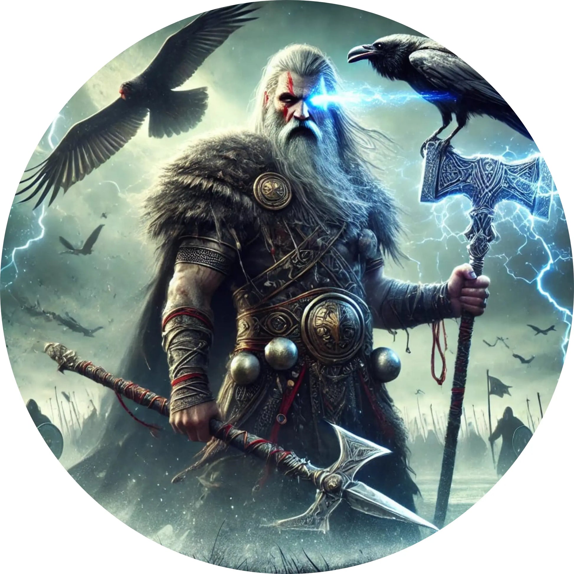 Göttervater Odin mit Speer Gungnir, Raben Hugin und Munin und einem Blitz in der Hand – Symbol für Weisheit und Macht.