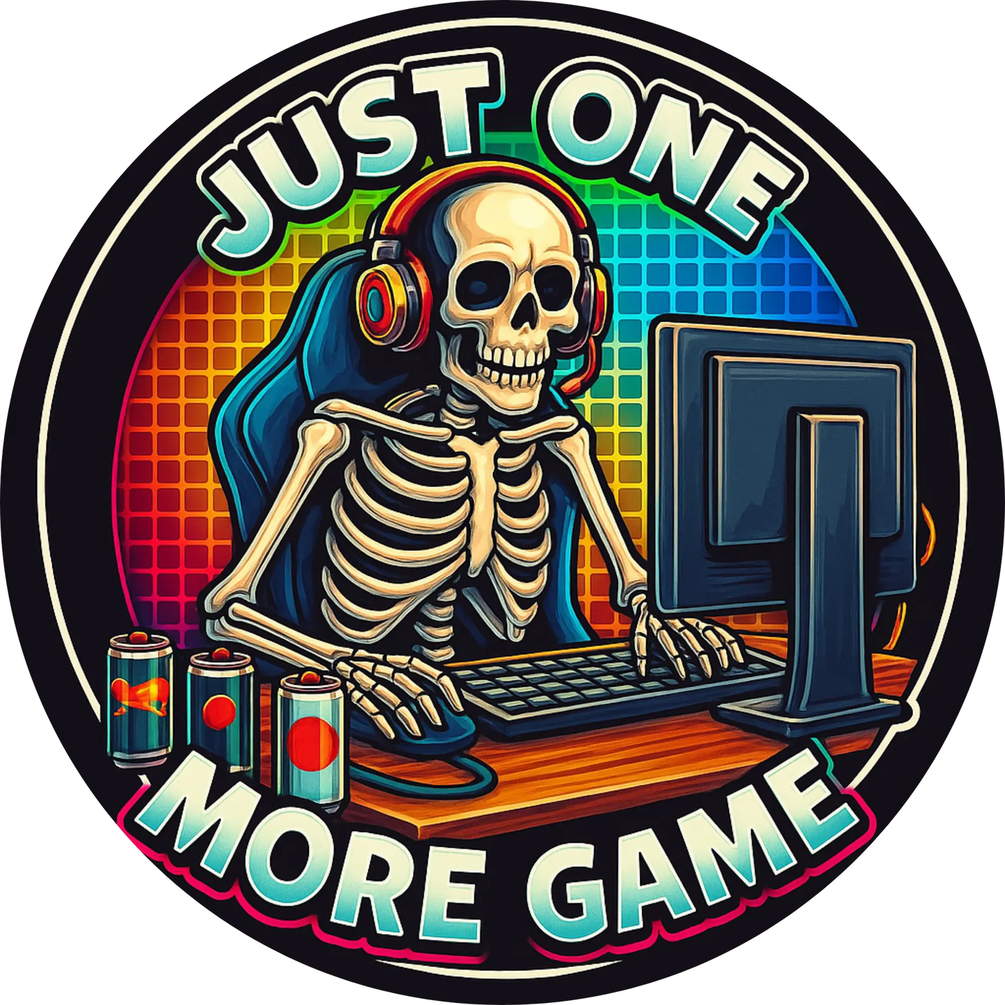 Skelett am Gaming-Stuhl mit Headset und Schriftzug „Just one more game“.