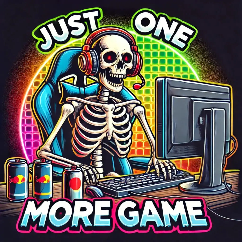 Skelett am Computer mit „Just One More Game“-Spruch – Cartoon-Skelett zockt am Gaming-PC, darunter steht: „Just one more game“.