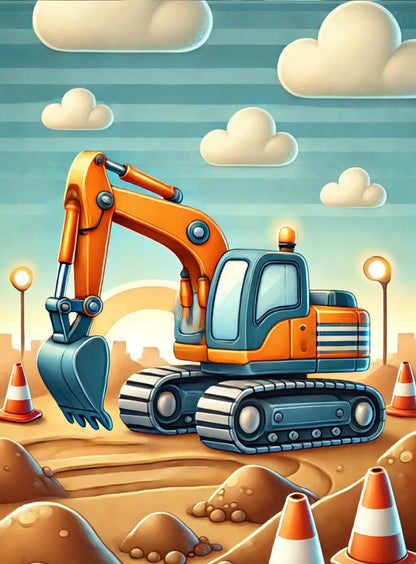 Orangefarbener Baustellenlaster mit Bagger auf einer urbanen Baustelle.