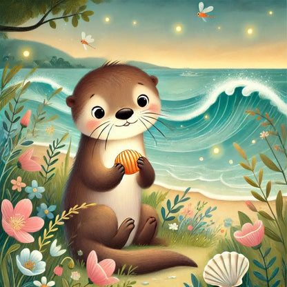 Otter mit Herzmuschel am Wasser, spielerischer Ausdruck