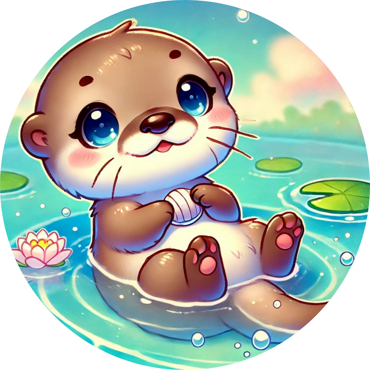 Otter mit Seerosenblatt sitzt am Wasser unter Regenbogenlicht