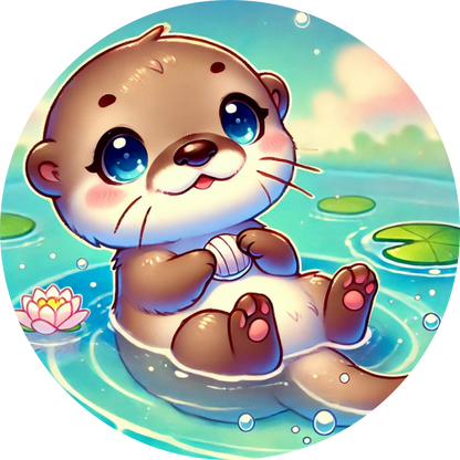 Otter mit Seerosenblatt sitzt am Wasser unter Regenbogenlicht