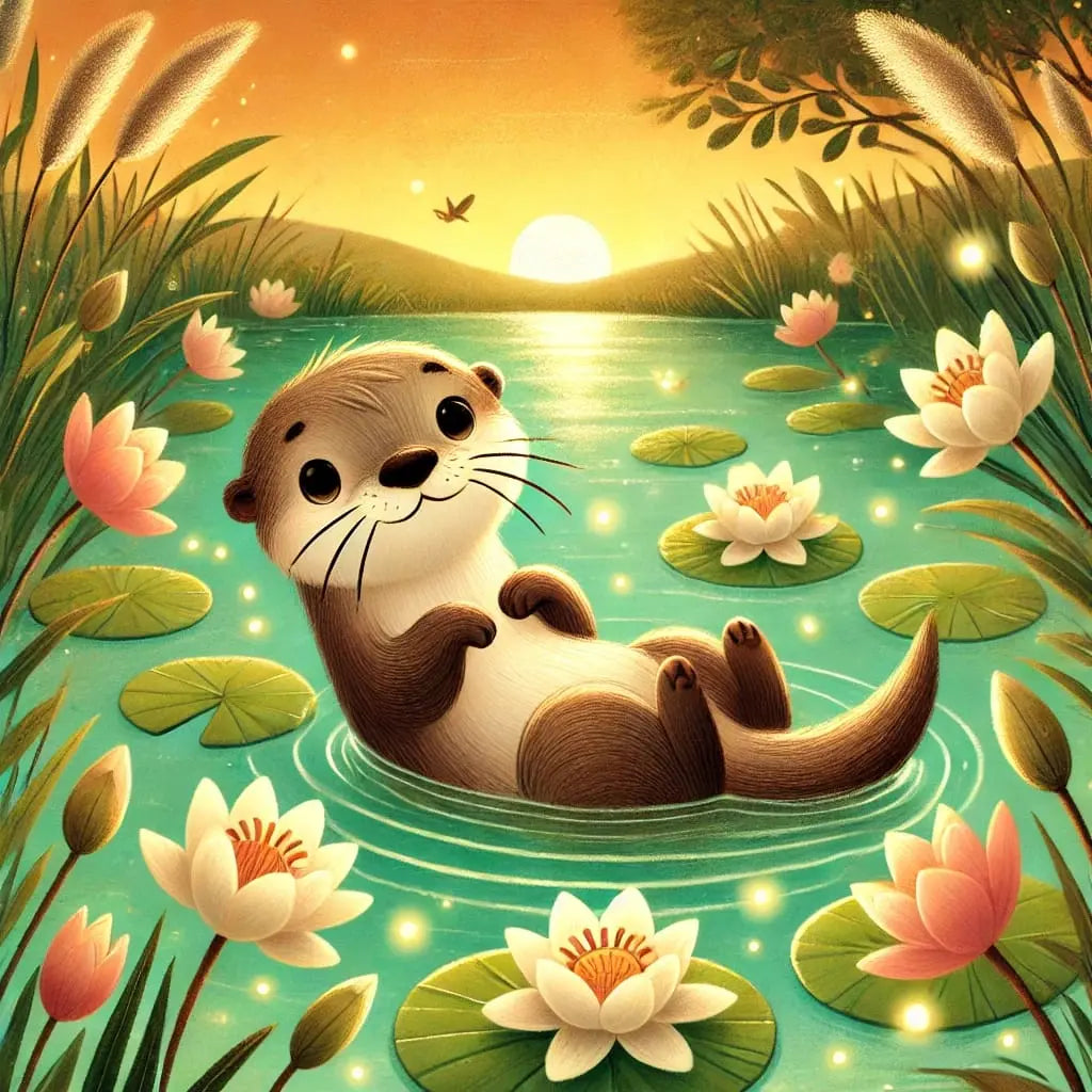 Otter liegt auf Seerosenblättern in idyllischer Teichlandschaft