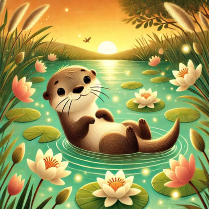 Otter liegt auf Seerosenblättern in idyllischer Teichlandschaft