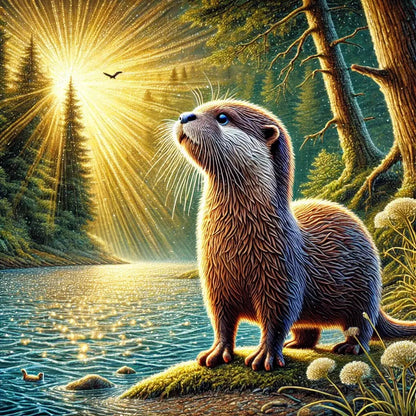 Otter in goldenem Licht des Sonnenuntergangs im Zauberwald