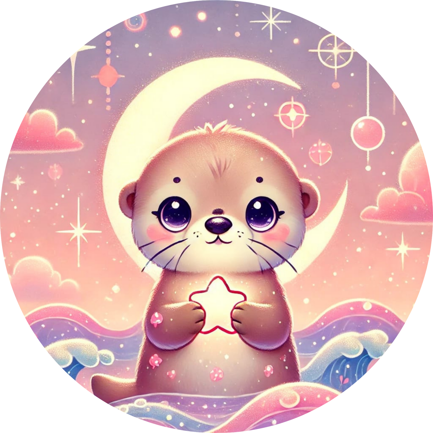 Otter mit Muschel liegt auf rosa Wellen unter einem Mond