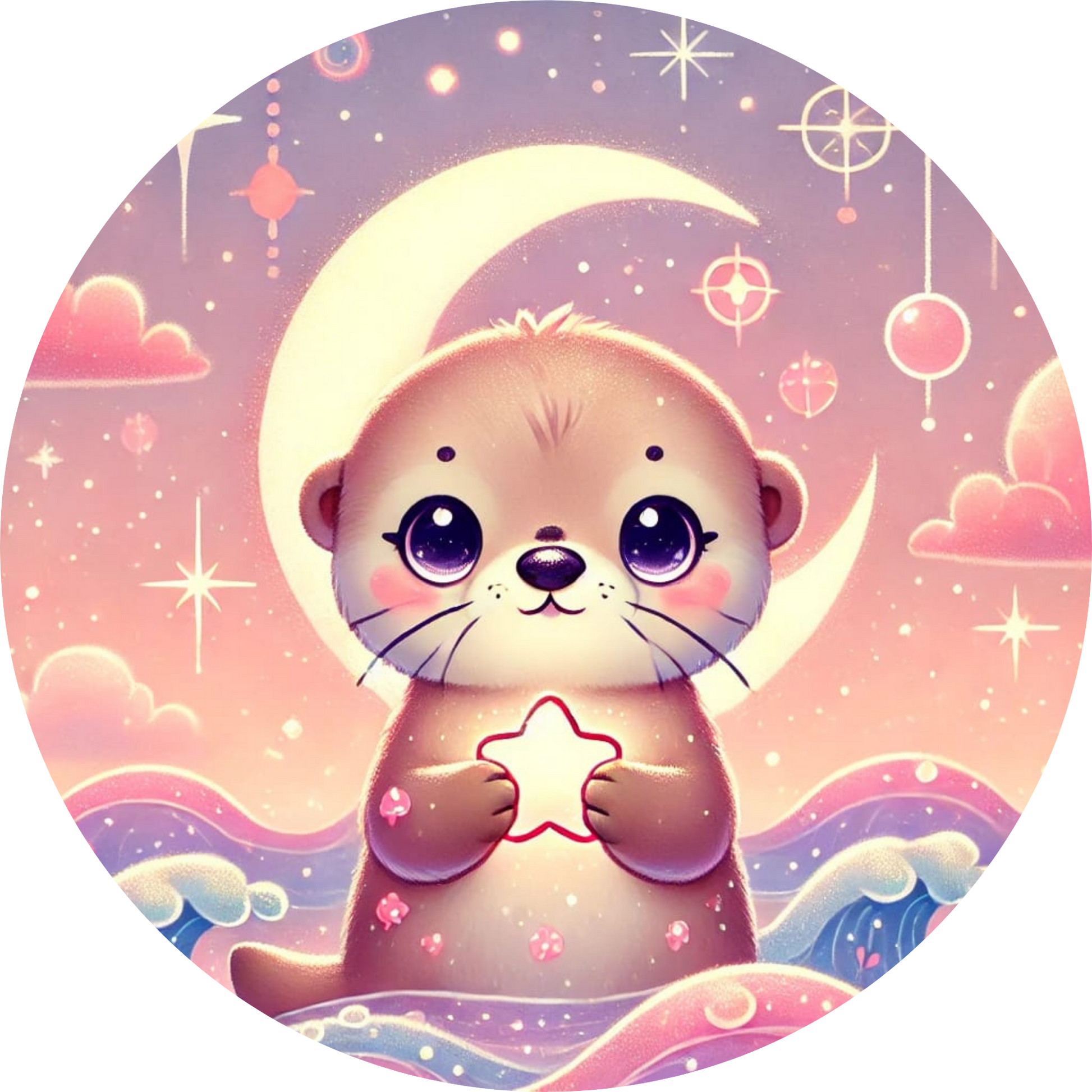 Otter mit Muschel liegt auf rosa Wellen unter einem Mond