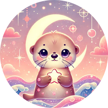 Otter mit Muschel liegt auf rosa Wellen unter einem Mond