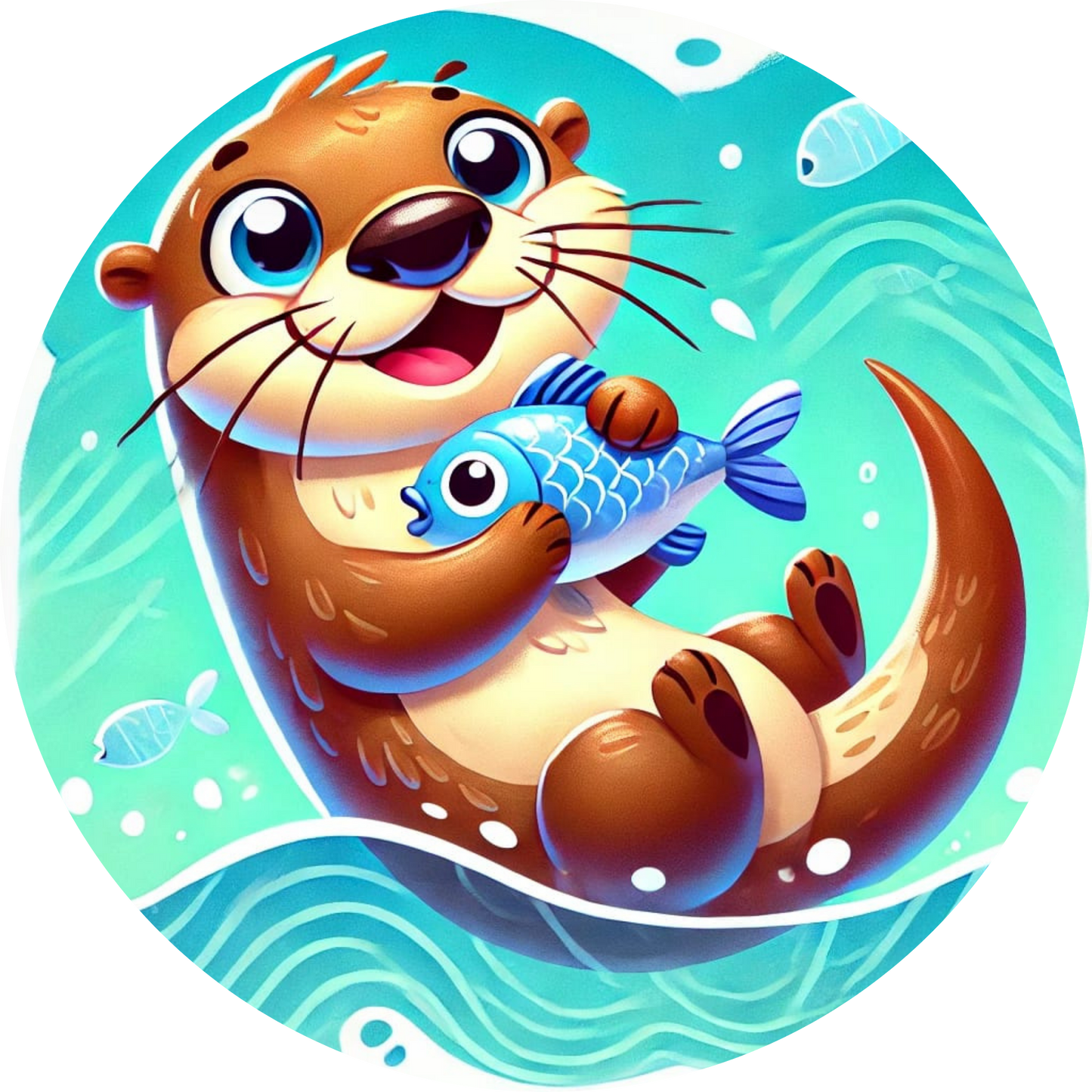 Otter spielt mit einem Fischmim türkisblauen Wasser

