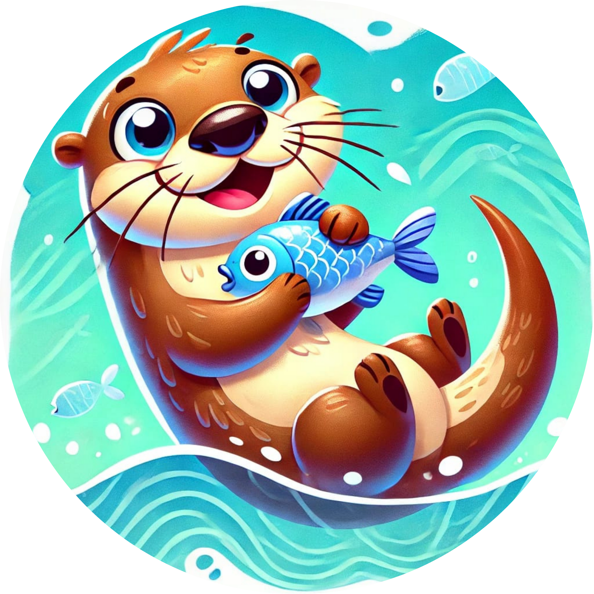 Otter spielt mit einem Fischmim türkisblauen Wasser

