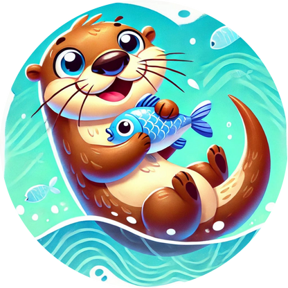 Otter spielt mit einem Fischmim türkisblauen Wasser

