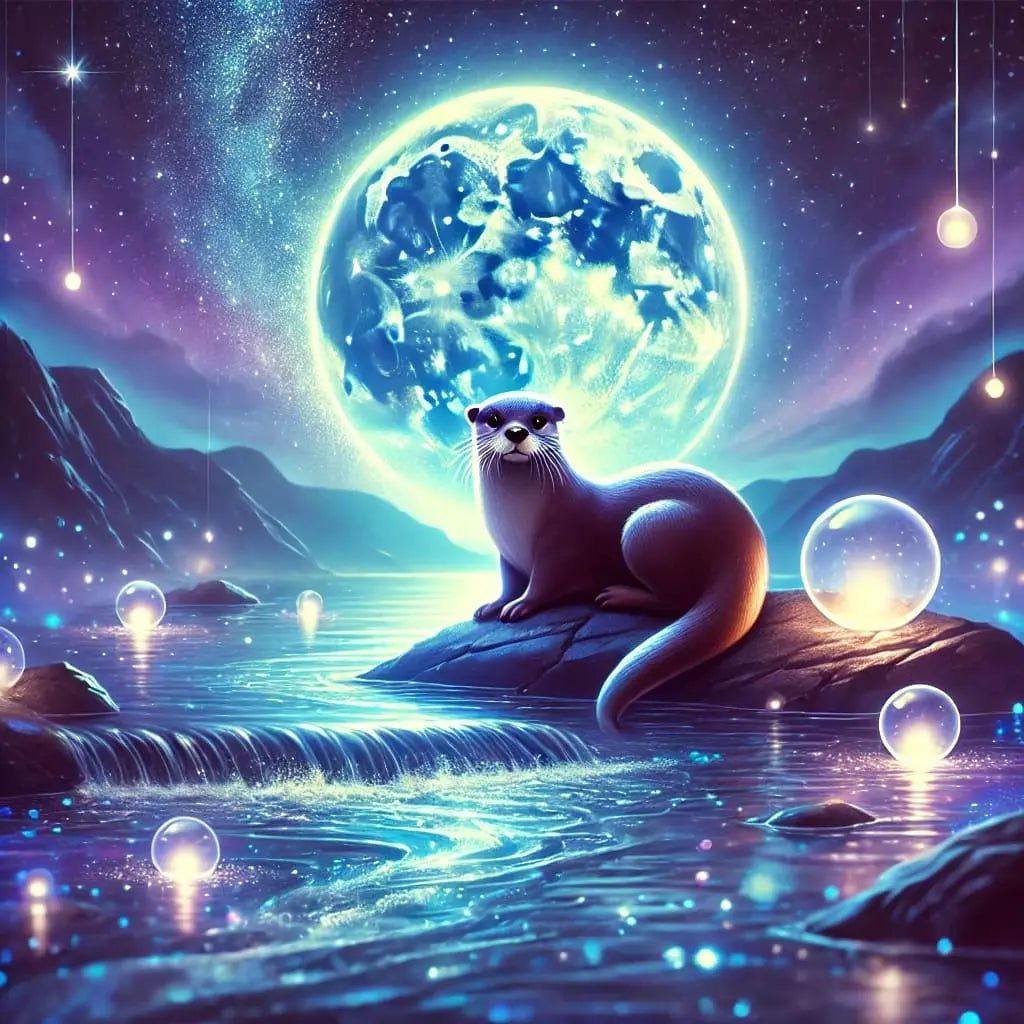 Otter blickt verträumt zum Vollmond – märchenhafte Szene mit Nachtstimmung