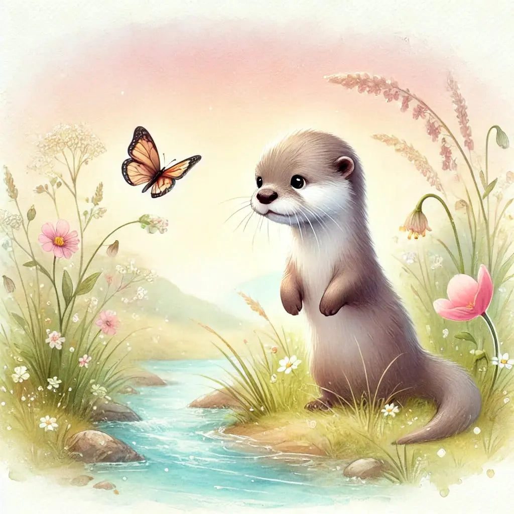 Otterjunges mit Schmetterling auf der Nase im Morgenlicht – verspielt und süß