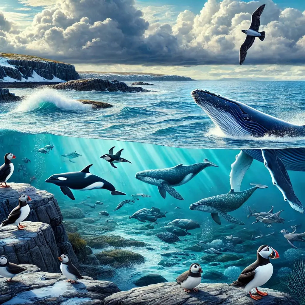 Wilde Meereswelt mit Haien und stürmischer Gischt