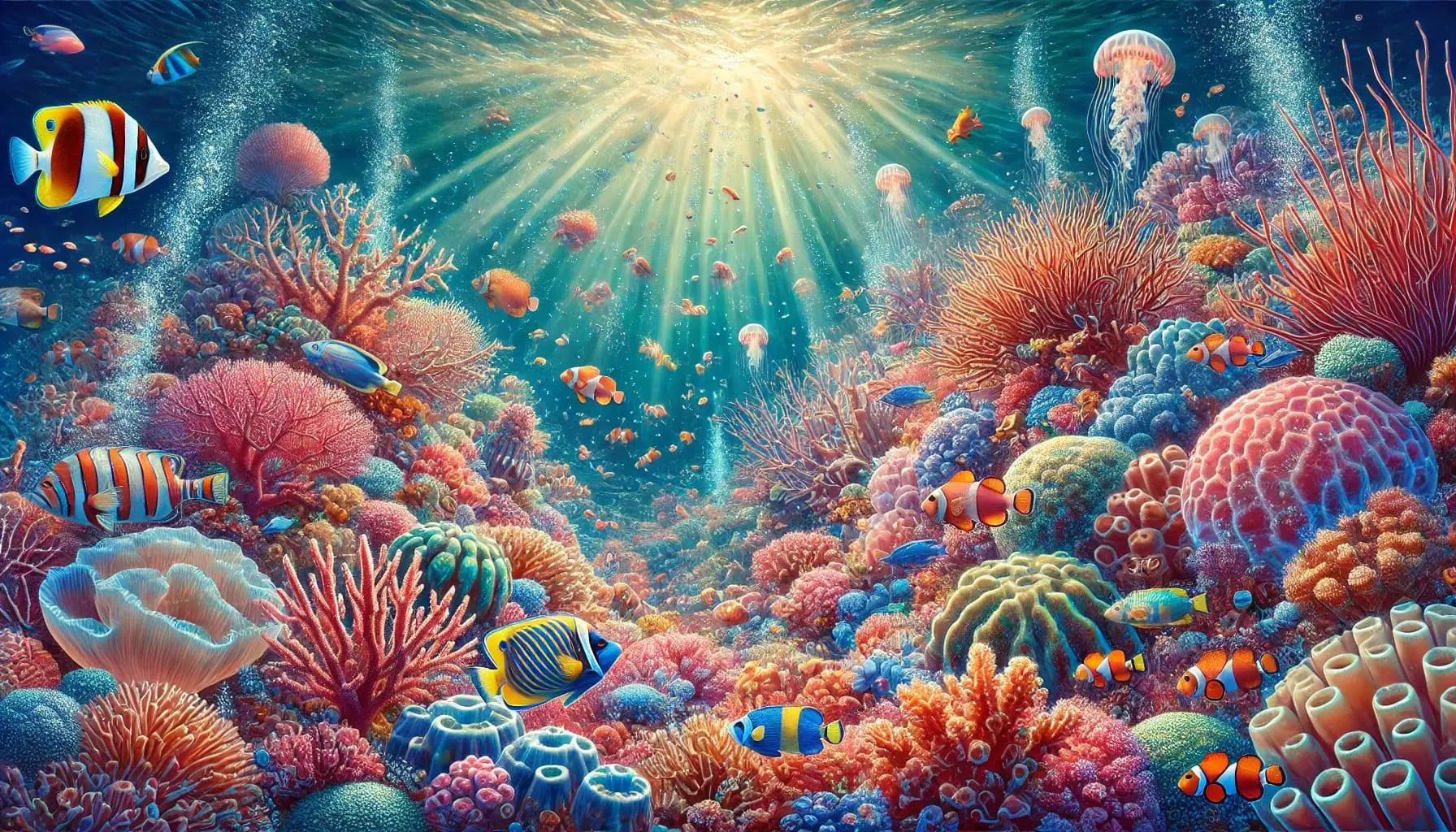 Unterwasserwelt mit Korallen und Lichtstrahlen im türkisfarbenen Meer