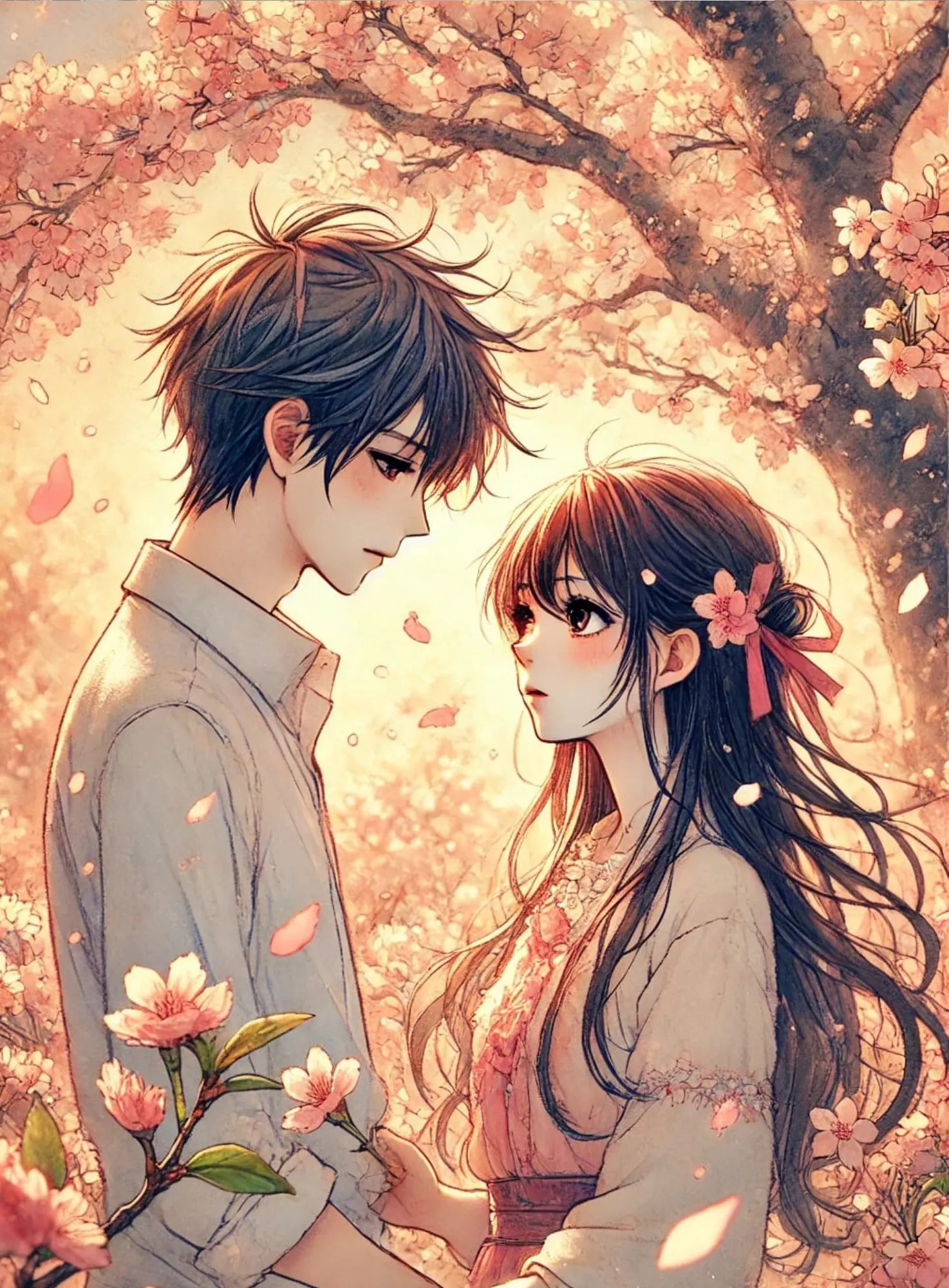 Romantische Szene mit Manga-Pärchen:
Ein liebevolles Anime-Pärchen steht sich gegenüber, von Blumen und Licht umgeben – eine warmherzige, emotionale Szene im Shojo-Stil.