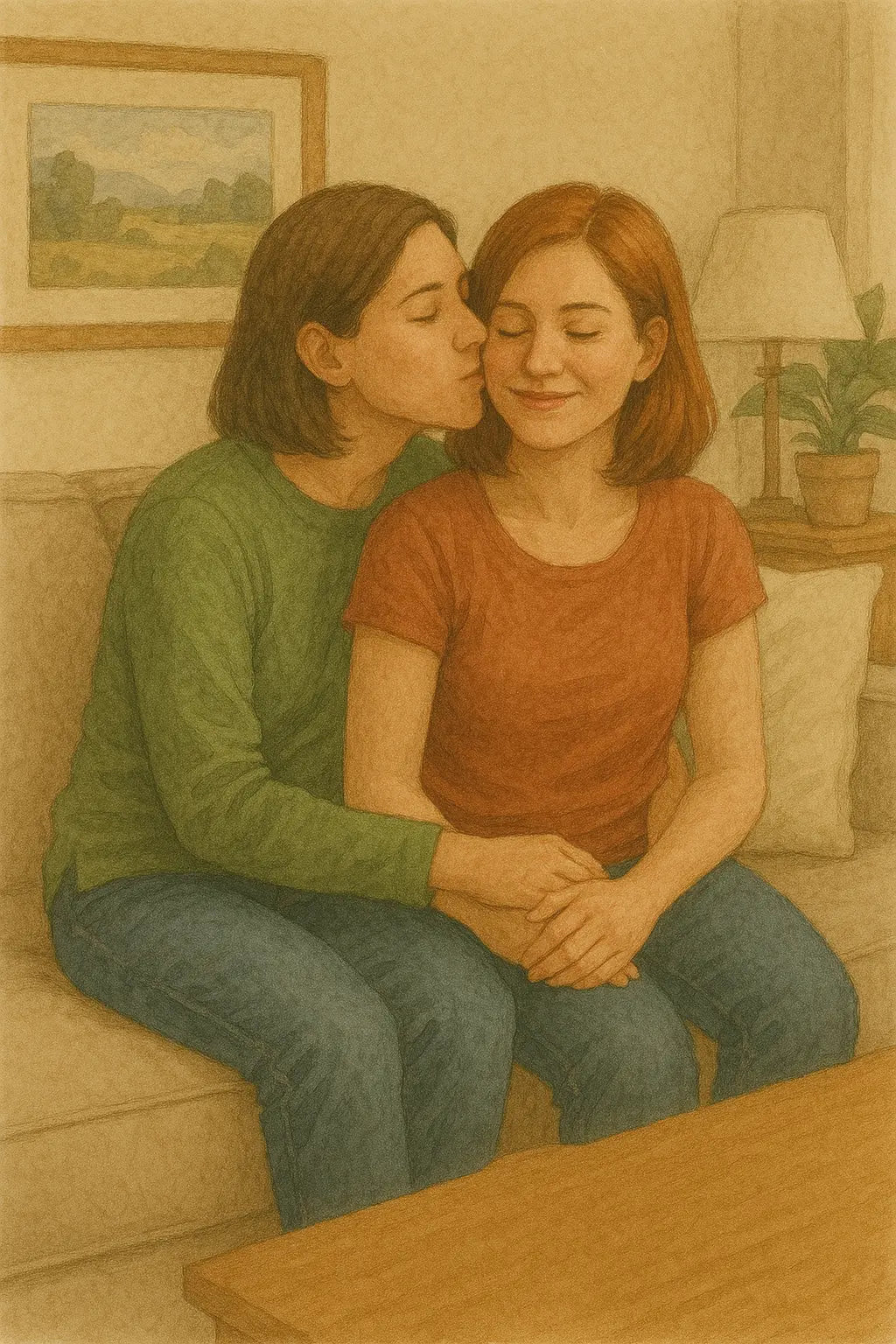 Zärtliches Frauenpaar in inniger Pose auf dem Sofa – liebevolle Atmosphäre mit sanfter Beleuchtung.