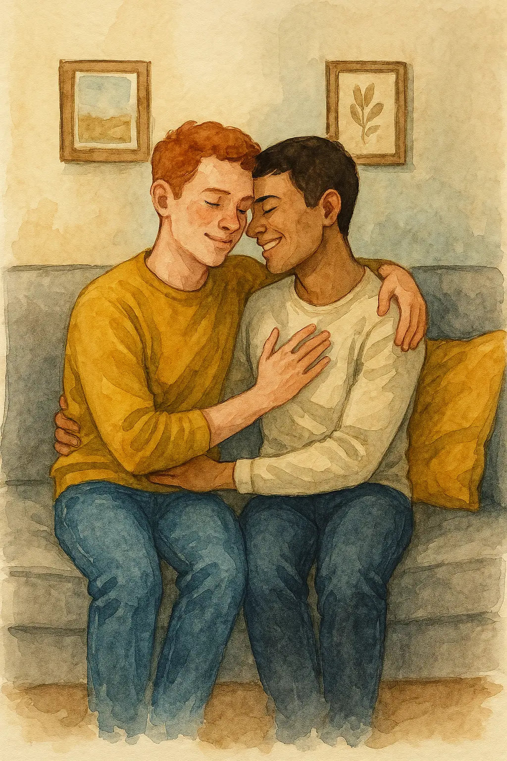 Zwei Männer sitzen eng umschlungen auf dem Sofa, lächeln sich verliebt an – warmherziger, illustrativer Stil.