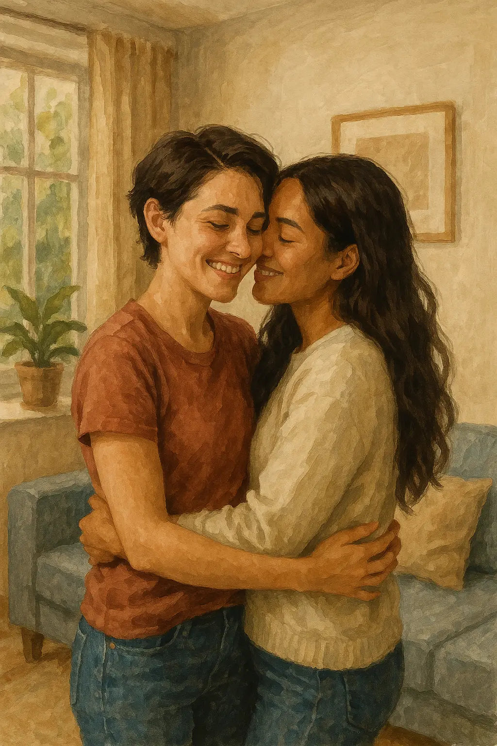 Queeres Paar in liebevoller Umarmung – romantische Szene in einem hellen, wohnlichen Raum.