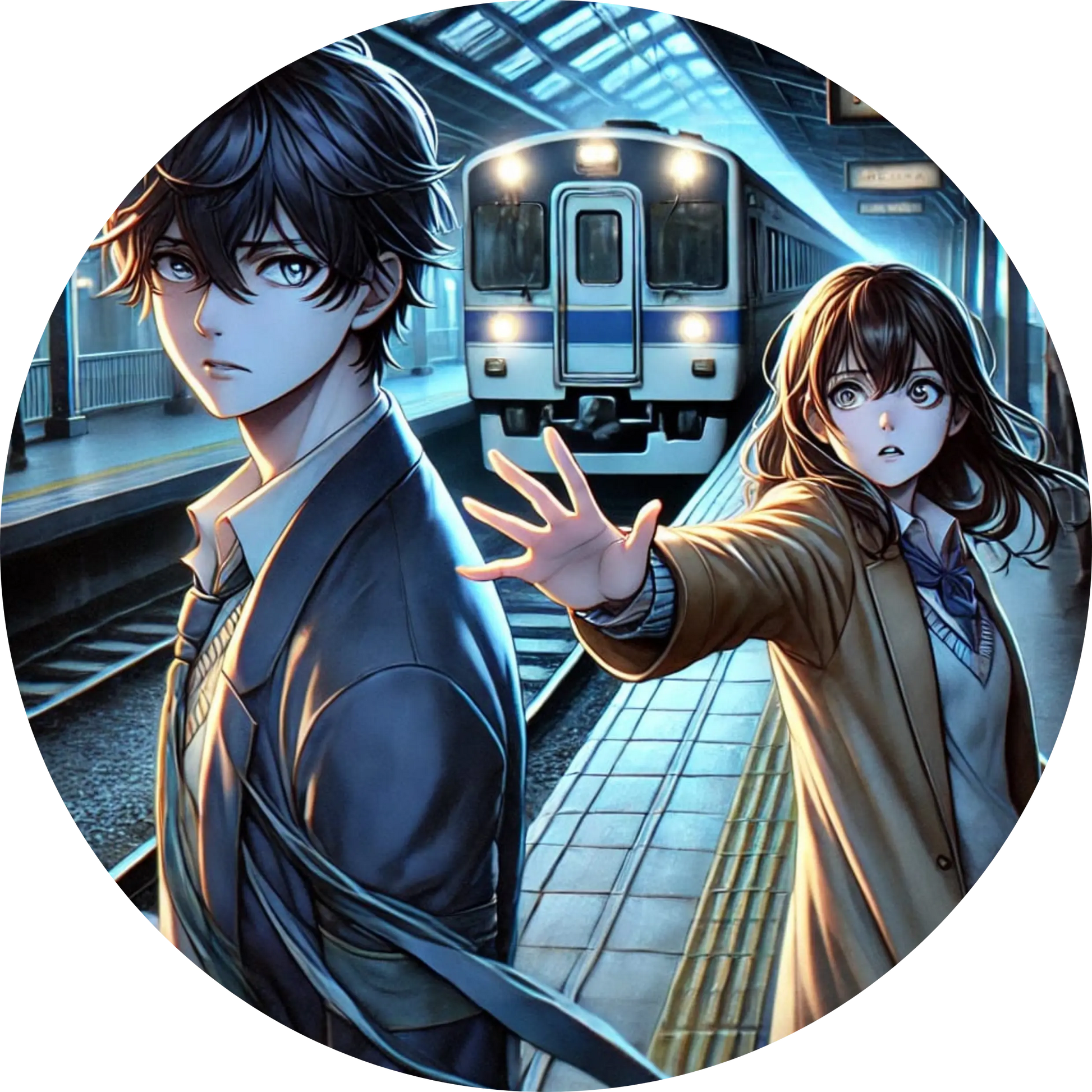 Anime-Mädchen und Junge auf U-Bahnsteig, angespanntes Stadt-Setting
