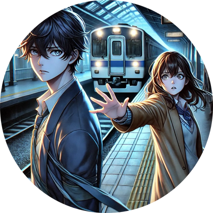Anime-Mädchen und Junge auf U-Bahnsteig, angespanntes Stadt-Setting
