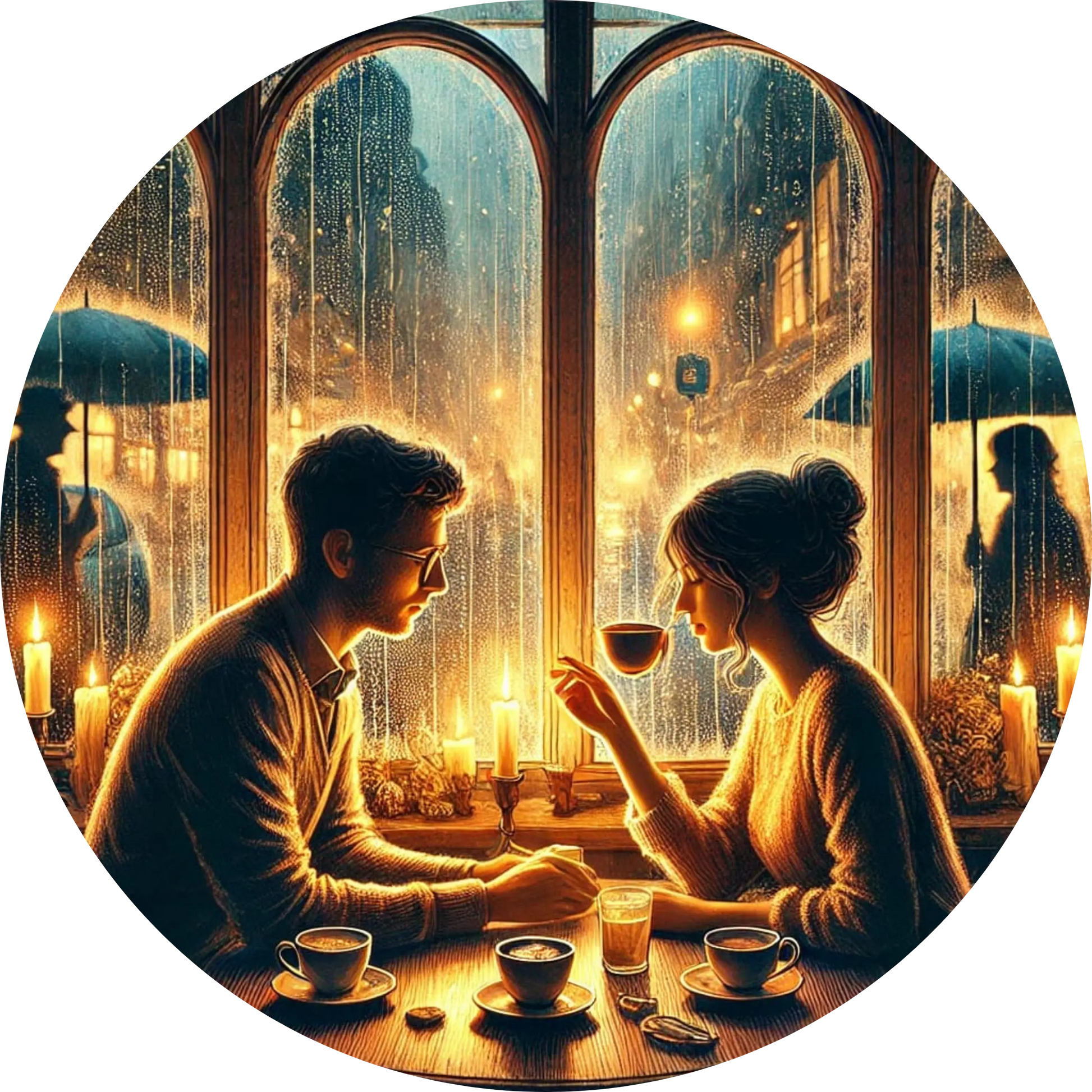 Paar im Schein von Fenstern, goldenes Licht und Stadtkulisse im Hintergrund – intime Szene.